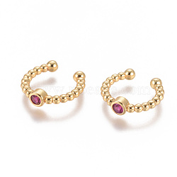 Golden Plated Brass Micro Pave Cubic Zirconia Cuff Earrings, Long-Lasting Plated, Deep Pink, 14.5~15x2~3mm(EJEW-L244-05B)