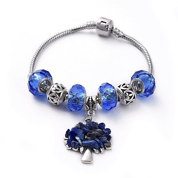 Brass European Style Bracelets, with Handmade Glass European Beads, Tibetan Style Alloy Pendants & Beads, Natural Lapis Lazuli Chip Beads, Tree, 7-1/2 inch(192mm)
