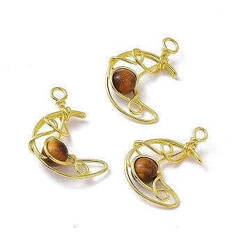 Natural Tiger Eye Pendants, Moon Charms, with Rack Plating Golden Tone Brass Findings, Cadmium Free & Lead Free, 31.5~33x22x8.5mm, Hole: 2.5~3mm