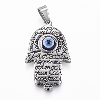 304 Stainless Steel Pendants, with Enamel and Resin, Hamsa Hand/Hand of Fatima/Hand of Mirian with Eye, Stainless Steel Color, 31x19x6mm, Hole: 4x7mm