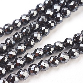 Non-Magnetic Synthetic Hematite Beads Strands, Faceted, Round, Black, about 6mm in diameter, hole:1mm, 69pcs/strand, 16 inch