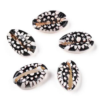 Flower Printed Cowrie Shell Beads, No Hole/Undrilled, Black, 18.5~22x13~14.5x6~7.5mm
