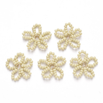 Glass Seed Beads Pendants, with Golden Tone Brass Findings, Flower, Lemon Chiffon, 19x18~19x2mm
