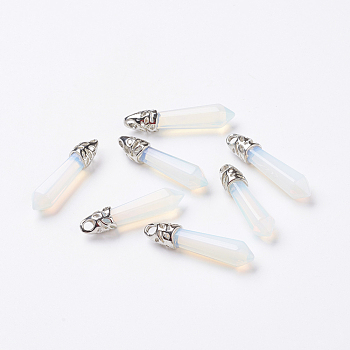 Opalite Pointed Pendants, with Platinum Plated Alloy Findings, Bullet, 33~40x8~10mm, Hole: 3x2mm