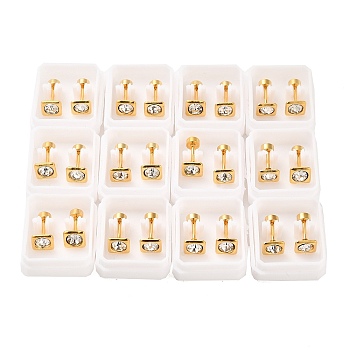 Square Crystal Rhinestone Ear Fake Plugs, 304 Stainless Steel Piercing Stud Screw Earrings for Women, Golden, 6x6mm, Pin: 1mm