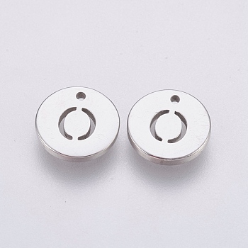304 Stainless Steel Charms,  Flat Round with Letter, Stainless Steel Color, Letter.O, 10x1mm, Hole: 1mm