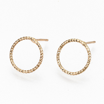 Brass Stud Earrings, Nickel Free, Textured Ring, Real 18K Gold Plated, 12mm, Pin: 0.7mm