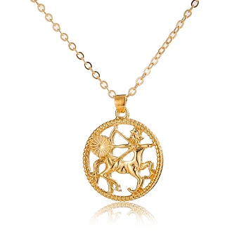 Alloy Flat Round with Constellation Pendant Necklaces, Cable Chain Necklace for Women, Sagittarius, Pendant: 2.2cm
