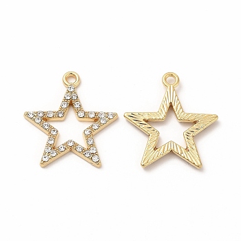 Alloy Rhinestone Pendants, Hollow Out Star Charms, Golden, 23x21x2mm, Hole: 1.5mm