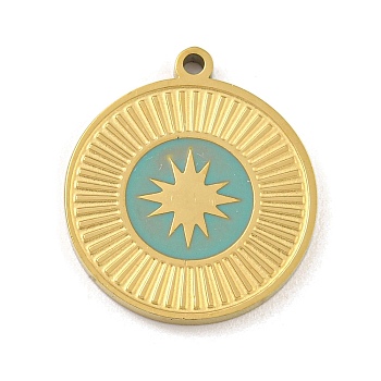 316 Surgical Stainless Steel Enamel Pendants, Flat Round with Star Charm, Golden, Medium Turquoise, 17x15x1.8mm, Hole: 1.2mm