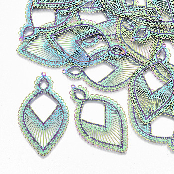 Ion Plating(IP) 304 Stainless Steel Filigree Big Pendants, Etched Metal Embellishments, Leaf, Rainbow Color, 47x27.5x0.3mm, Hole: 1.4mm