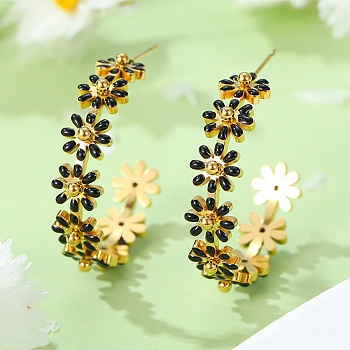 304 Stainless Steel Enamel Stud Earrings, C-Shaped with Flower, Golden, Black, 33.8x7.5mm