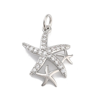 Rack Plating Brass Clear Cubic Zirconia Pendants, with Jump Ring, Long-Lasting Plated, Lead Free & Cadmium Free, Starfish, Platinum, 19x15x4mm, Hole: 3mm