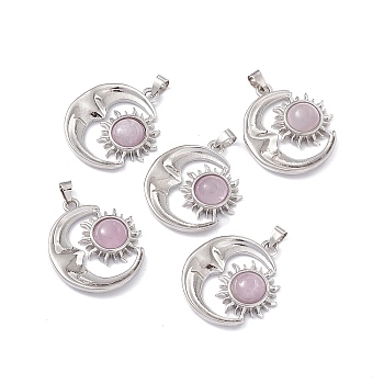 Natural Kunzite Pendants, Moon Charms with Sun, with Platinum Color Brass Findings, 26.5~27x23~23.5x6mm, Hole: 4x3.5~4mm