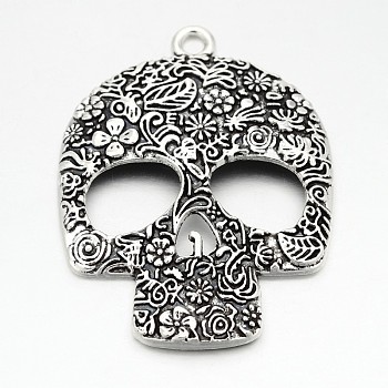 Tibetan Style Zinc Alloy Big Pendants, Lead Free & Cadmium Free, Sugar Skull, For Mexico Holiday Day of the Dead, Antique Silver, 66x49x6mm, Hole: 4mm, about 32pcs/500g