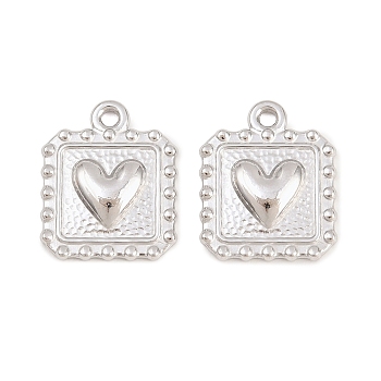 Valentine's Day 304 Stainless Steel Pendants, Hammered Square & Heart Charms, Stainless Steel Color, 17x14x2.5mm, Hole: 1.6mm