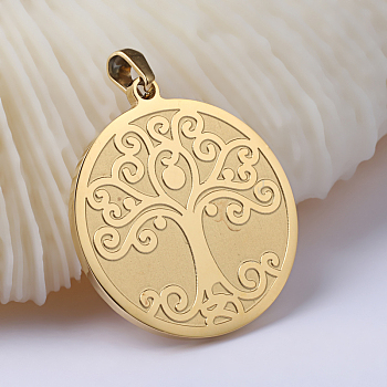 Flat Round with Tree of Life Ion Plating(IP) 201 Stainless Steel Pendants, Golden, 33x29.8x2mm, Hole: 3x7mm