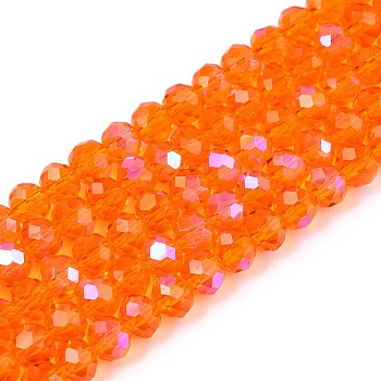 Electroplate Glass Beads Strands, Half Rainbow Plated, Faceted, Rondelle, Orange, 4x3mm, Hole: 0.4mm, about 113~115pcs/strand, 41~41.5cm