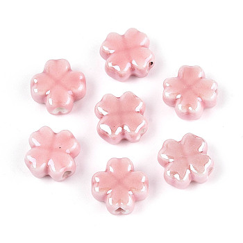 Handmade Porcelain Beads, Four Leaf Clover, Bright Glazed Porcelain, Pink, 11.5~12x11.5~12x5.5~6mm, Hole: 1.8~2mm