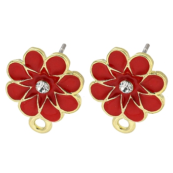 Rack Plating Alloy Stud Earring Finding, with Rhinestone, Cadmium Free & Nickel Free & Lead Free, Flower, Red, 16x12.5mm, Hole: 1.6mm, Pin: 10.5x0.5mm