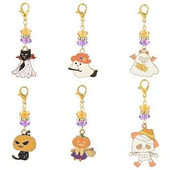 6Pcs Alloy Enamel Pendant Decorations, with Acrylic Bead & Alloy Lobster Claw Clasps, Mixed Shapes, Golden, Mixed Color, 55~65mm