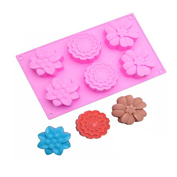 6 Cavities Silicone Molds, for Handmade Soap Making, Flower, Hot Pink, 270x165x40mm
