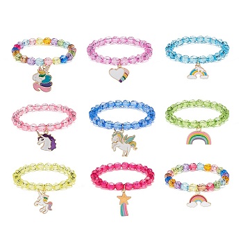 9Pcs 9 Style Acrylic Round Beaded Stretch Bracelets Set, Alloy Enamel Unicorn & Rainbow & Star & Heart Charms Stackable Bracelets for Children, Mixed Color, Inner Diameter: 1-7/8 inch(4.8cm), 1Pc/style