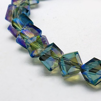 Full Rainbow Plated Crystal Glass Cube Beads Strands, Faceted, Dark Green, 12.6x13.8x10~11mm, Hole: 1.8mm