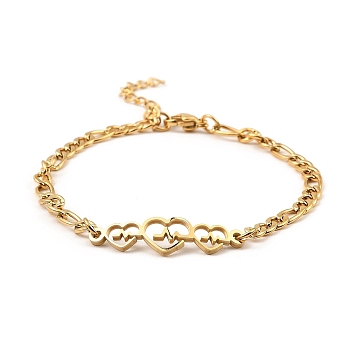 201 Stainless Steel Link Bracelet for Women, Golden, Heart, 7-1/4 inch(18.3cm)