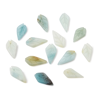 Natural Flower Amazonite Carved Pendants, Leaf Charms, 15~19x9~10x1.5~2.5mm, Hole: 1.1mm