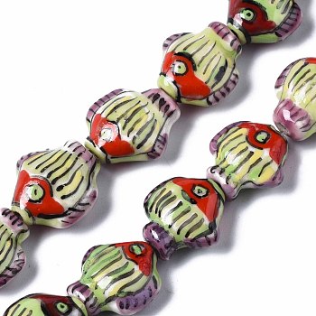 Handmade Porcelain Ceramic Beads Strands, Famille Rose Style, Fish, Light Yellow, 15~16x14~15x6~8mm, Hole: 1.4mm, about 20pcs/strand, 11.81 inches(30cm)