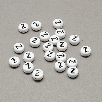 White and Black Acrylic Horizontal Hole Letter Beads, Flat Round with Letter.Z, 7x4mm, Hole: 1.3mm