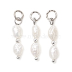 Natural Baroque Keshi Pearl & Electroplate Synthetic Non-magnetic Hematite Beaded Pendants, Nuggets Charms, Floral White, Stainless Steel Color, 18.5~20x4.5x3.5mm, Jump Ring: 4.8x0.8mm, Inner Diameter: 3.2mm(PALLOY-JF04993-02)