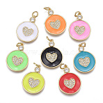 Valentine's Day Brass Micro Pave Cubic Zirconia Pendants, with Enamel, Long-Lasting Plated, Real 18K Gold Plated, Flat Round with Heart, Mixed Color, 22x16x2mm, Hole: 3mm(ZIRC-M108-18-G)