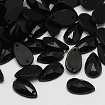 Sew on Rhinestone, Taiwan Acrylic Rhinestone, Two Holes, Garments Accessories, Faceted Teardrop, Black, 16x10x4mm, Hole: 1mm(ACRT-M015-10x16mm-01)