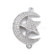 Rack Plating Brass Micro Pave Clear Cubic Zirconia Moon with Star Connector Charms, Long-Lasting Plated, Cadmium Free & Lead Free, Platinum, 25x16x3.5mm, Hole: 1.5mm(KK-A234-056P)