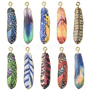 30Pcs 10 Styles Rack Plating Alloy Pendants, Printed, Lead Free & Cadmium Free & Nickel Free, Feather Charm, Light Gold, Mixed Color, 36.5x8x1.5mm, Hole: 1.8mm, 3pcs/style(ENAM-CJ0004-81)