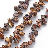 Natural Keshi Pearl Beads Strands, Cultured Freshwater Pearl, Dyed, Nuggets, Saddle Brown, 5~15x5~8x2~5mm, Hole: 0.5mm, about 65~84pcs/strand, 15.35 inch(39cm)(PEAR-S021-013A-06)