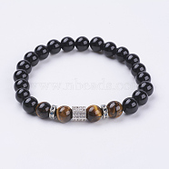 Natural Obsidian & Tiger Eye Stretch Bracelets, with Brass Cubic Zirconia Beads, Column, Platinum, 2-1/4 inch(56mm)(BJEW-P188-06B)