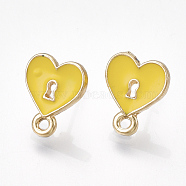 Alloy Stud Earring Findings, with Unplated Pins, Enamel and Loop, Heart Lock, Light Gold, Gold, 13x10.5mm, Hole: 1.5mm, Pin: 0.7mm(PALLOY-S177-41E)