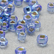 12/0 Grade A Round Glass Seed Beads, Square Hole, Silver Lined, AB Color Plated, Cornflower Blue, 2x1mm, Hole: 0.3x0.3mm(SEED-Q012-F643)