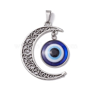 Blue Evil Eye Resin Pendants, Tibetan Style Alloy Hollow Moon Charms, Antique Silver & Platinum, 41x31x4mm, Hole: 7.5x3.5mm(PALLOY-JF02627)
