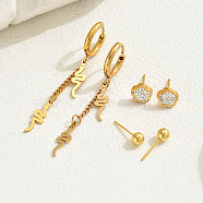 3 Pairs Stainless Steel Flower & Snake & Round Earrings Set, with Rhinestone, Golden, 54x5mm(KI8998)