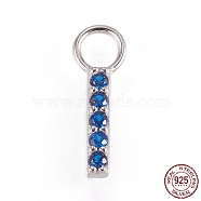 925 Sterling Silver Pendants, September Birthstone Charms, with Micro Pave Cubic Zirconia, Rectangle/Bar, Silver, Blue, 10.5x1.5x1.5mm, Hole: 2.5mm(STER-D033-02B-P)