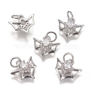 Brass Micro Pave Cubic Zirconia Charms, Long-Lasting Plated, Bat, Clear, Platinum, 11x12.5x4mm, Hole: 3.5mm(KK-K238-09P)