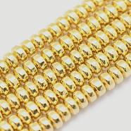 Electroplate Non-magnetic Synthetic Hematite Beads Strands, Grade AA, Long-Lasting Plated, Rondelle, Golden Plated, 3x2mm, Hole: 0.8mm, about 223pcs/strand, 15.7 inch(40cm)(G-L485-04A-G)