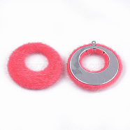Faux Mohair Pendants, with Aluminum Bottom, Flat Round, Platinum, Light Coral, 43~44x40.5~41.5x4.5~5mm, Hole: 1mm(X-WOVE-S118-02N)