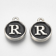 Alloy Enamel Charms, Flat Round with Letter, Platinum, Black, Letter.R, 14x11.5x2.5mm, Hole: 1mm(ENAM-T007-01-R)