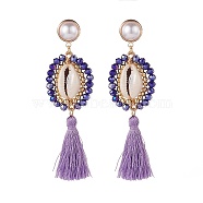 Beads Wire Wrap Long Dangle Stud Earring, Natural Shell with Polyester Tassel Drop Earrings for Women, Golden, Lilac, 85mm, Pin: 0.9mm(EJEW-TA00039-01)