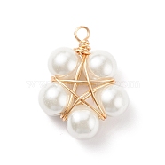 Glass Pearl Pendants, with Copper Jewelry Wire, Flower, Real 18K Gold Plated, 32.5~33x25x9.5~10.5mm, Hole: 3.5mm(PALLOY-JF01542-01)